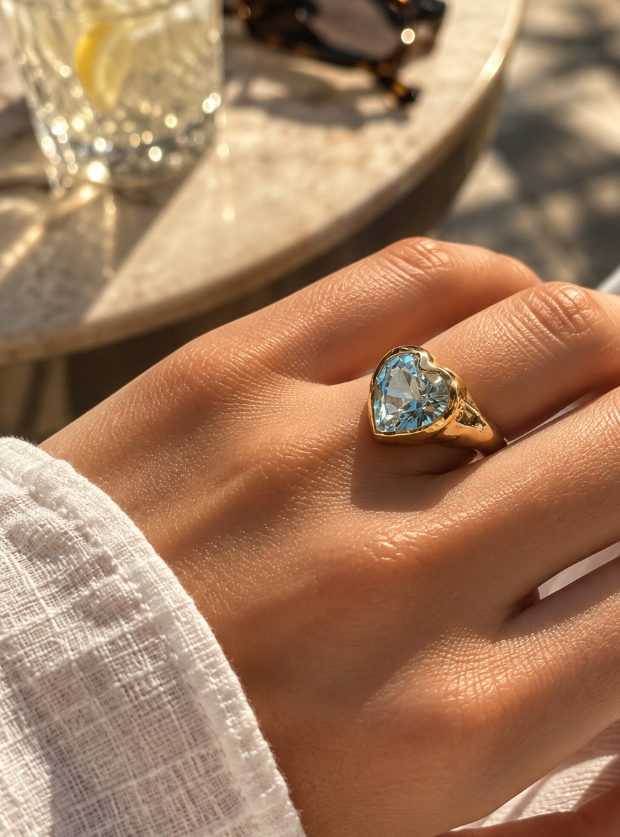 Herzring mit Aquamarin in Gelbgold